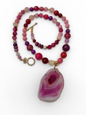 Handmade Pink Banded Agate Pendant Necklace Jade Quartz Agate Ruby Garnet Beads